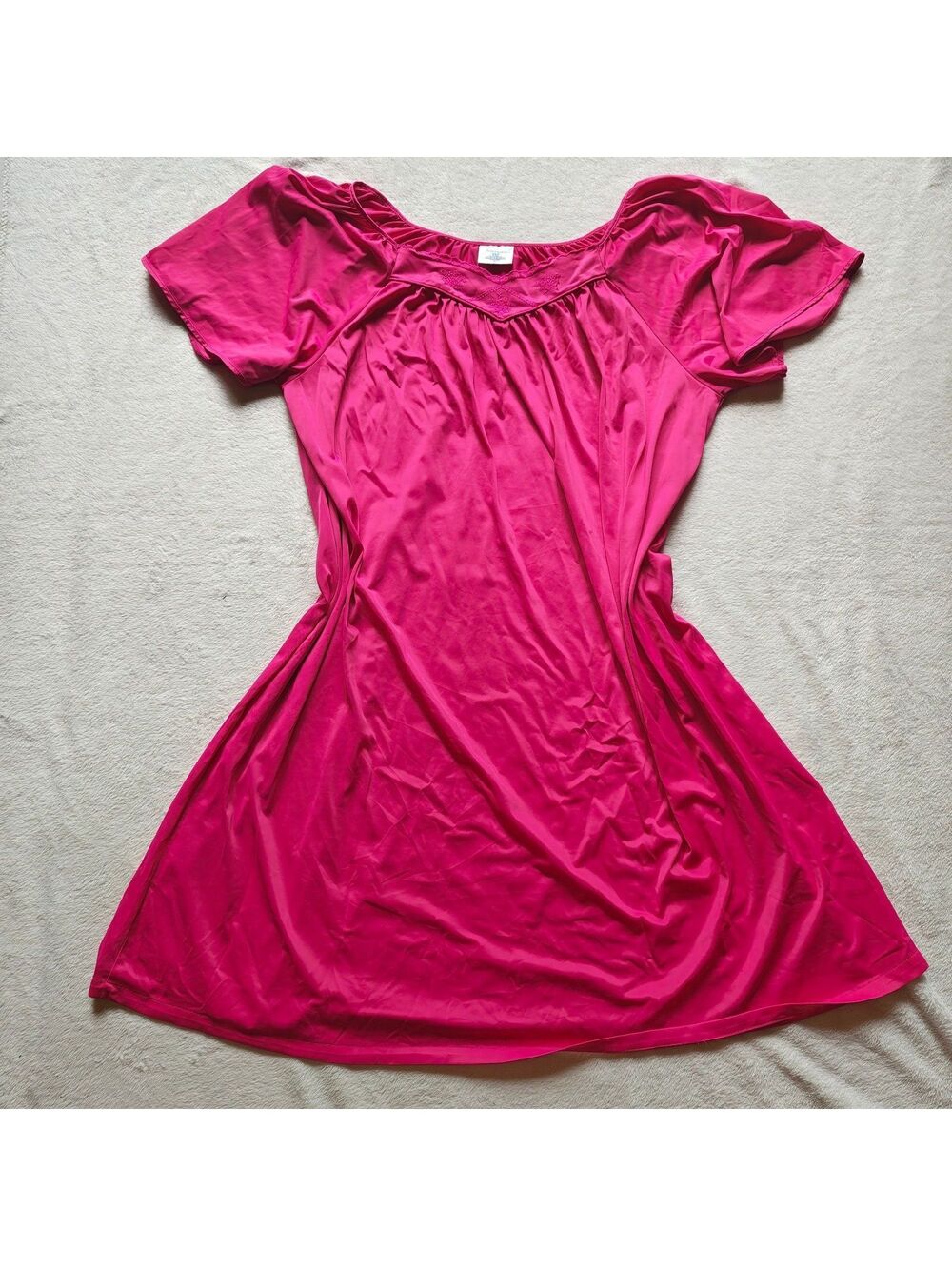 Vintage hot pink nightgown house dress mumu w floral scallop neckline